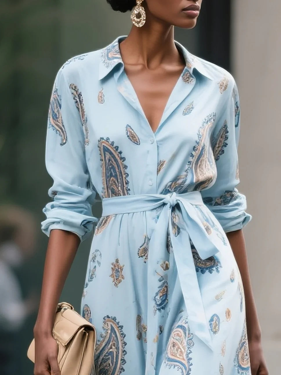 Light Blue Floral Paisley Cotton Shirt Dress Shirt Collar Long Sleeve A-Line Maxi Dress