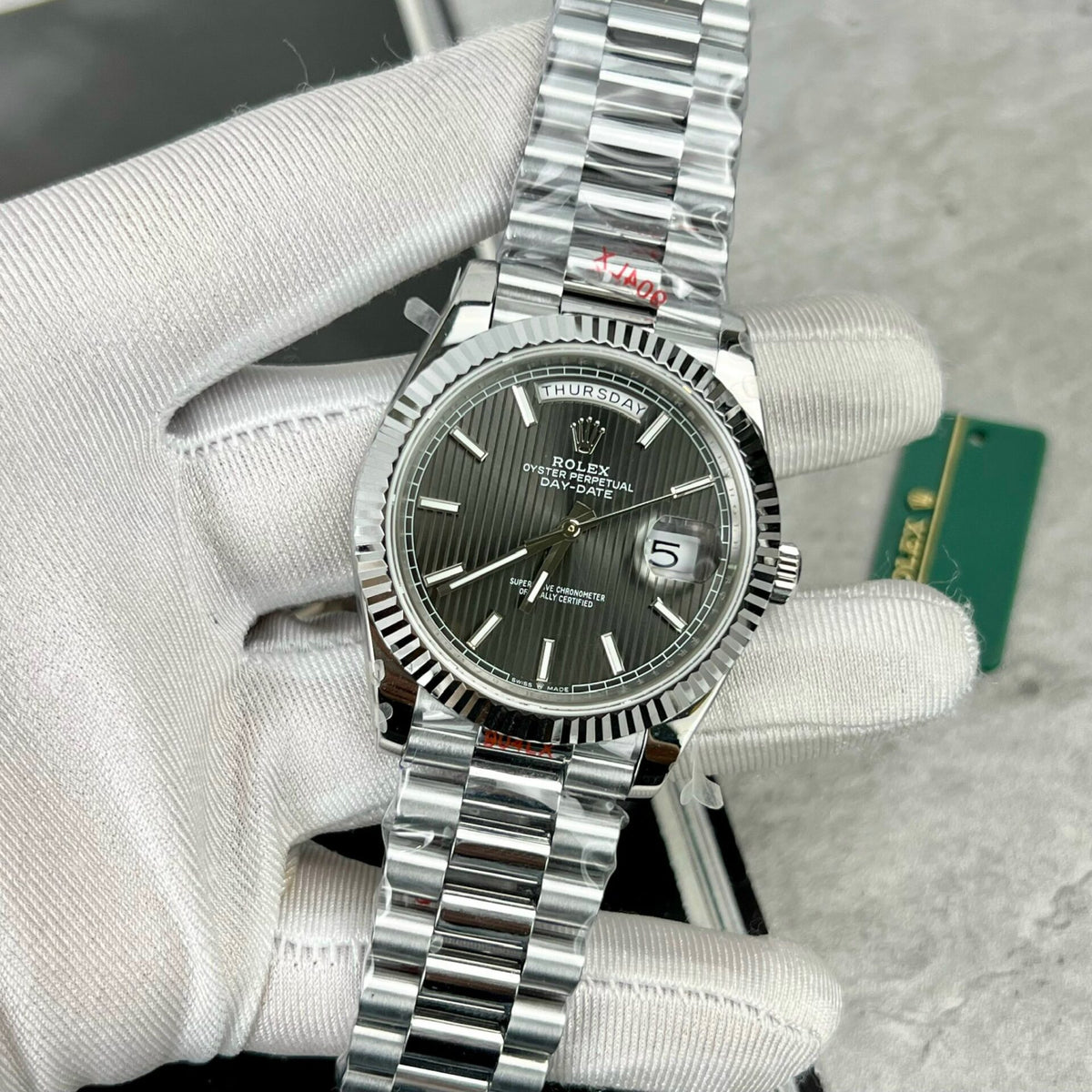 Rolex Day-Date Grey Stick Tapestry Dial 228239-0002 40 mm
