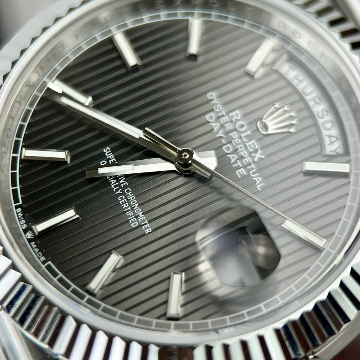 Rolex Day-Date Grey Stick Tapestry Dial 228239-0002 40 mm