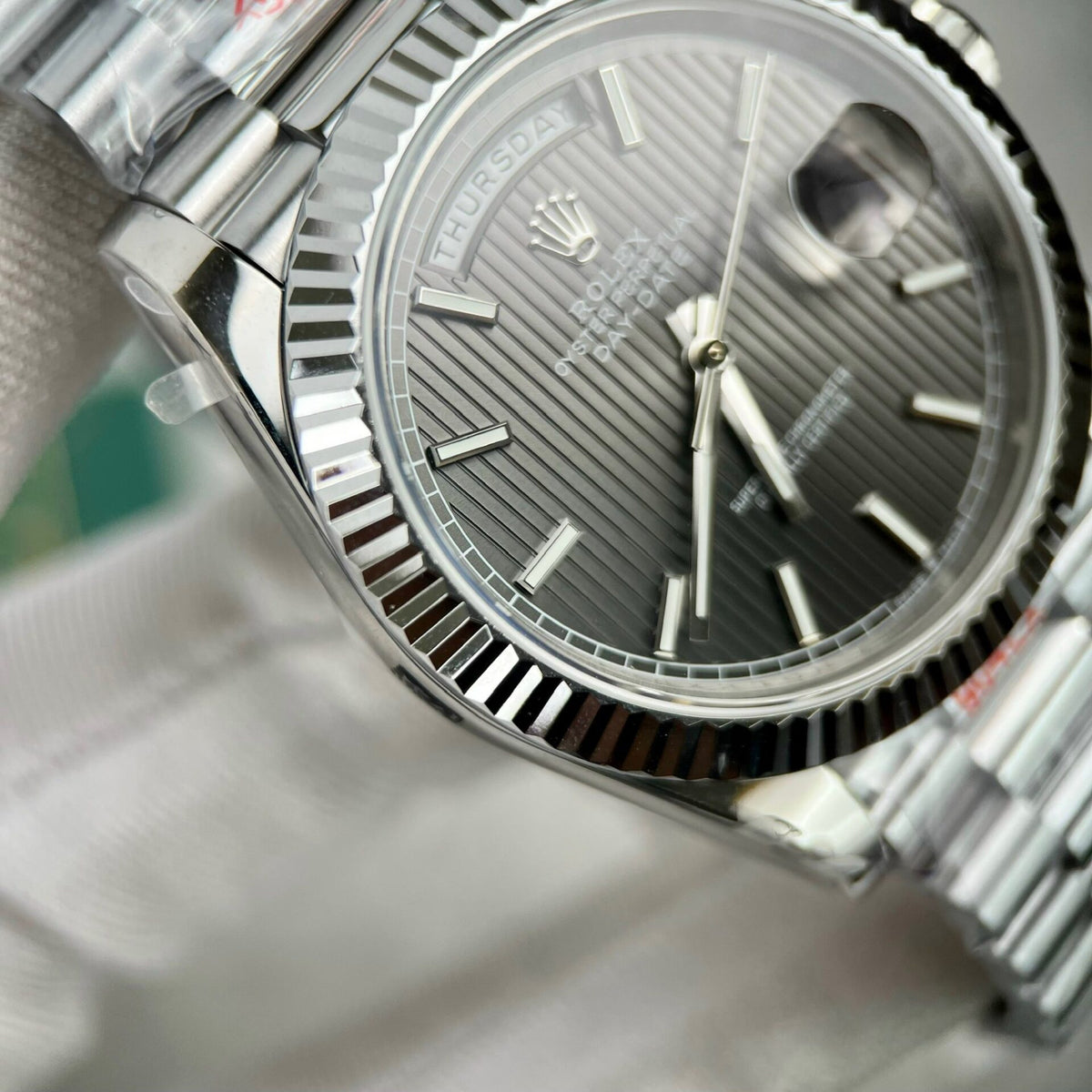 Rolex Day-Date Grey Stick Tapestry Dial 228239-0002 40 mm
