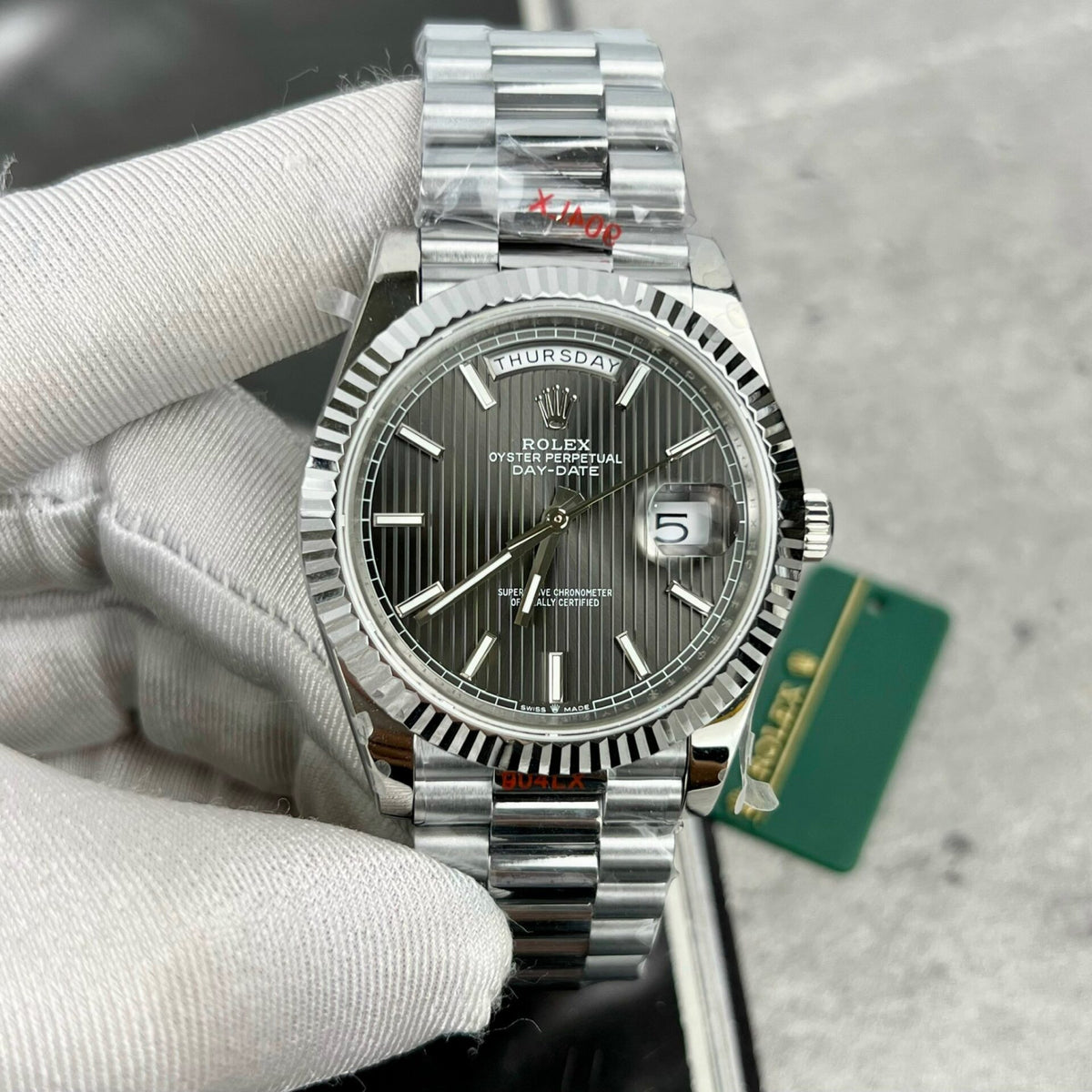 Rolex Day-Date Grey Stick Tapestry Dial 228239-0002 40 mm