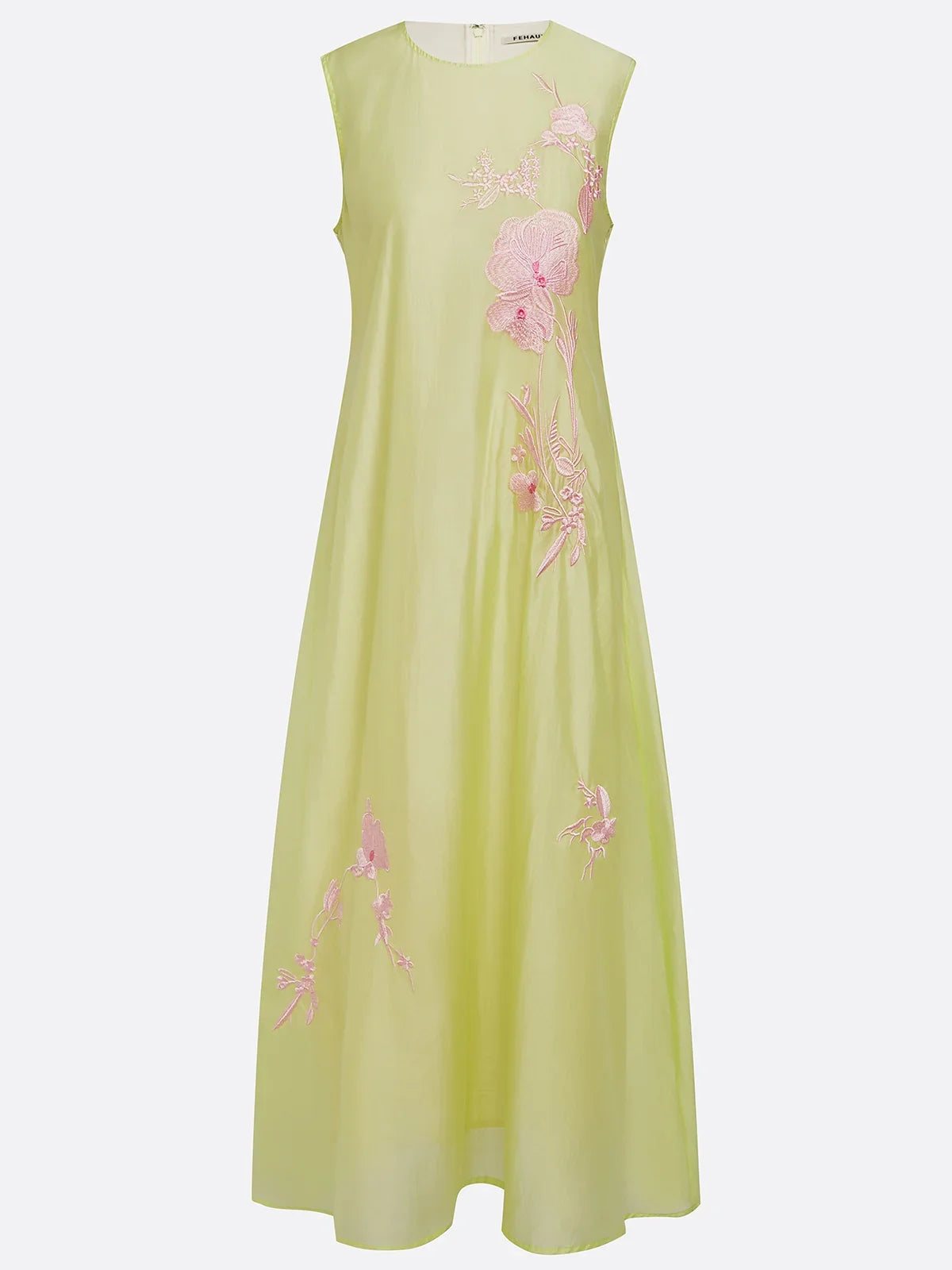 Yellow Embroidery Classic Lyocell Crew Neck Sleeveless A-Line Maxi Dress