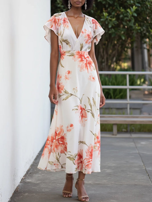 Orange Red Chiffon V Neck Short Sleeve Bell Sleeve A-Line Midi Dress