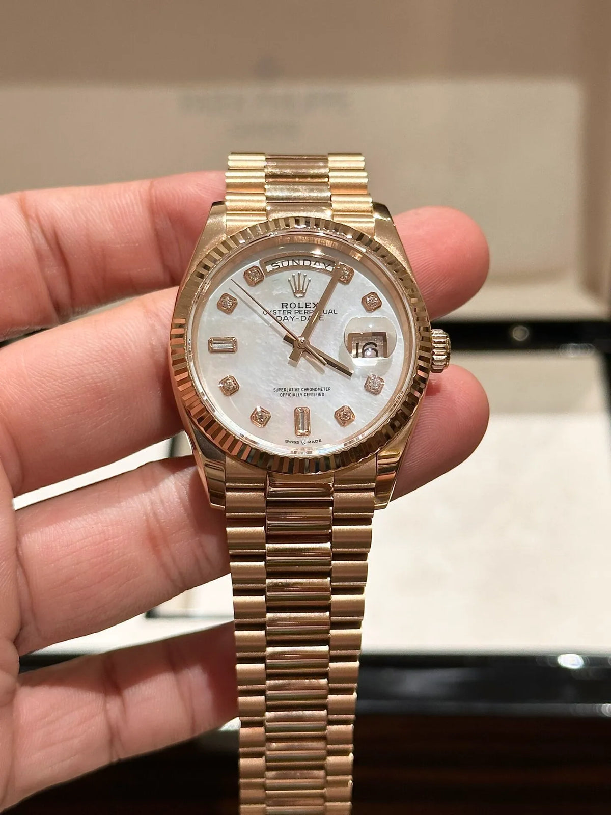 Rolex Day-Date White Mother-of-Pearl Diamond Dial 128235-0029 36 mm