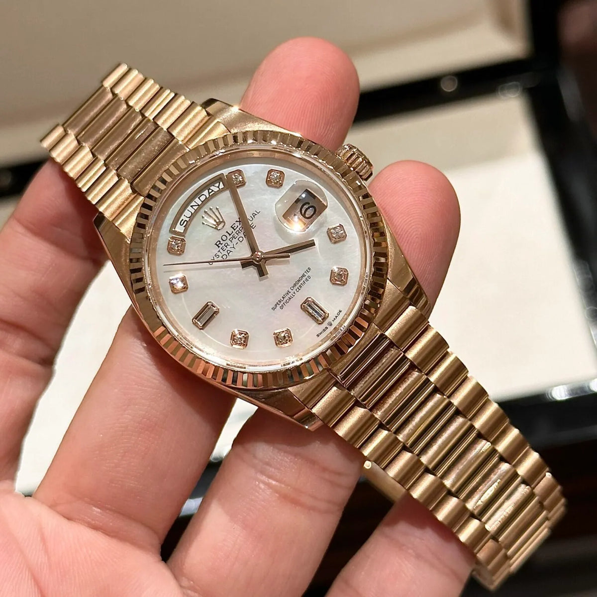 Rolex Day-Date White Mother-of-Pearl Diamond Dial 128235-0029 36 mm