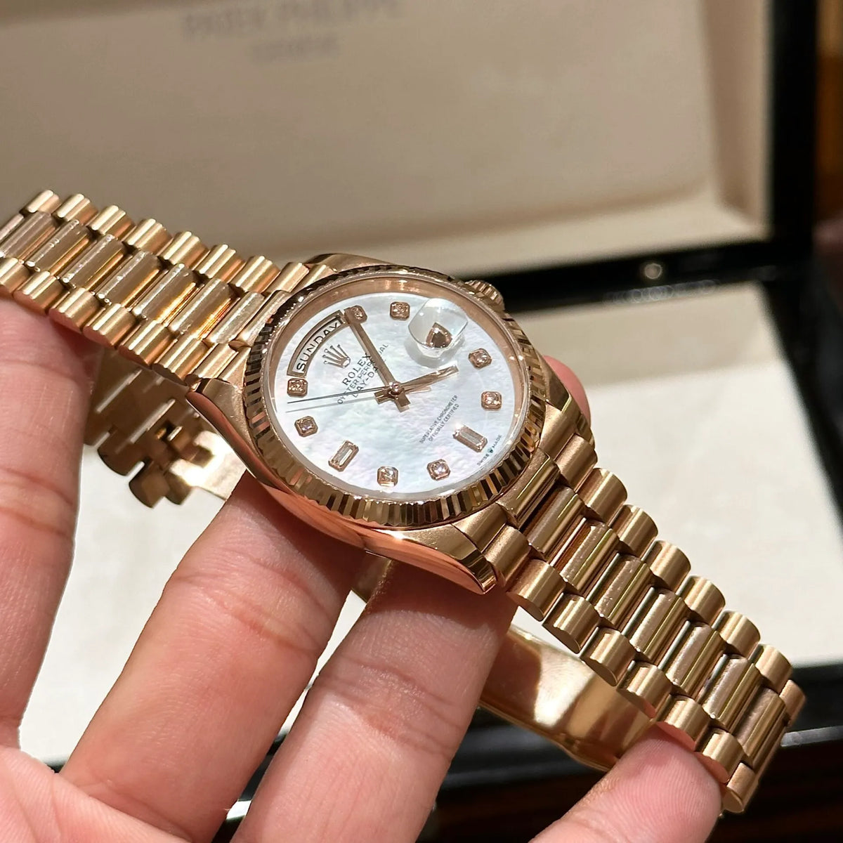 Rolex Day-Date White Mother-of-Pearl Diamond Dial 128235-0029 36 mm
