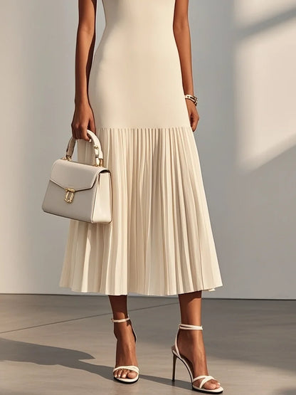 Beige Pleated Knit Crew Neck Sleeveless A-Line Midi Jersey Dress