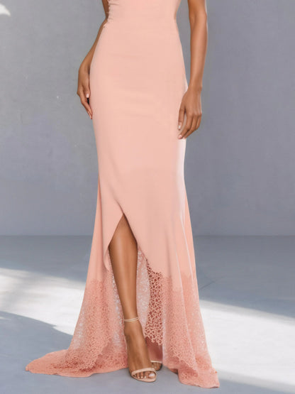 Pink 3D Floral Lace Classic One Shoulder Sleeveless Mermaid Gown Dress