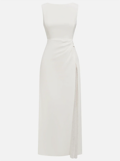 White Sequin Ruched Classic Sleeveless A-Line Midi Dress