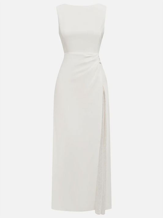 White Sequin Ruched Classic Sleeveless A-Line Midi Dress