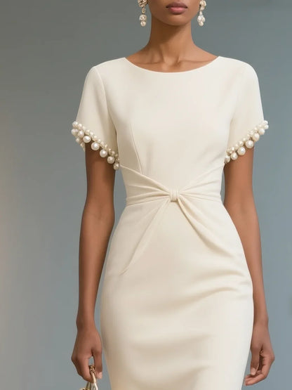 White Imitation Pearls Knot Front Classic Boat Neck Short Sleeve Sheath Midi Dress