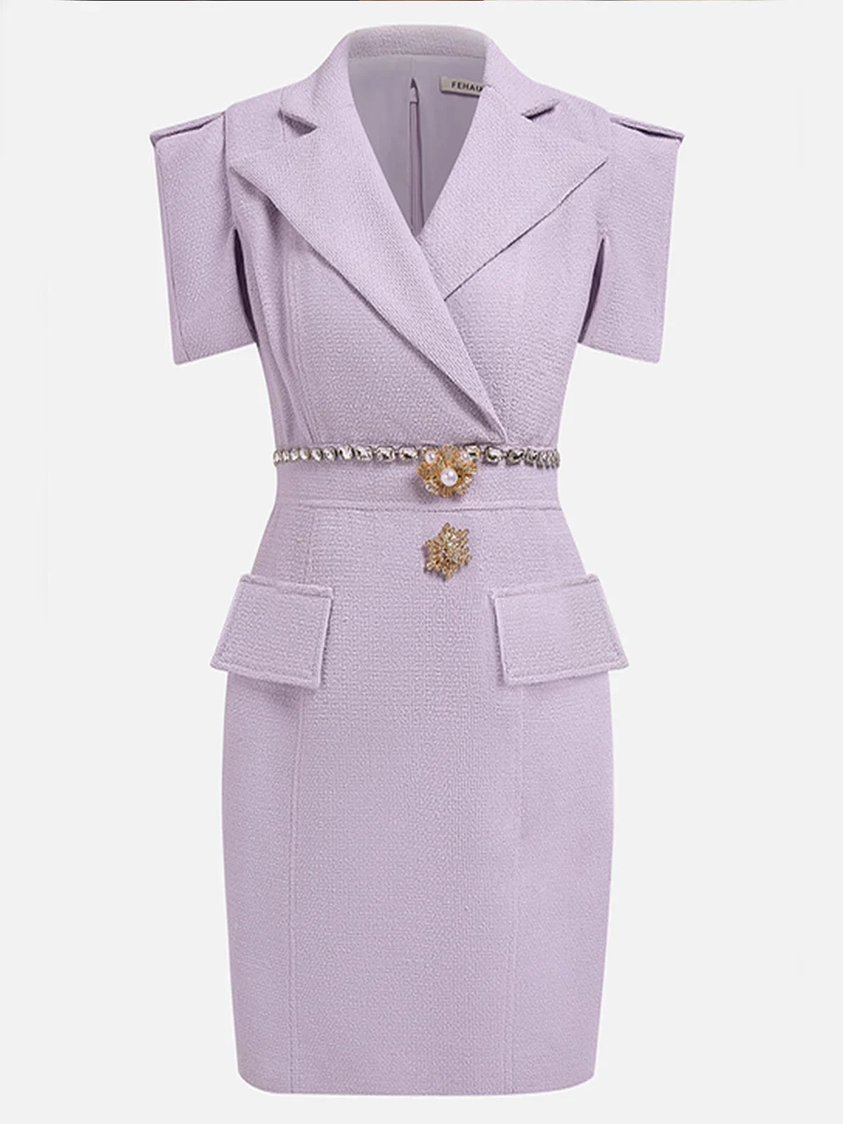 Lavender Purple Shawl Collar Short Sleeve Tweed Sheath Mini Homecoming Dress