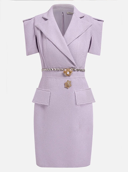 Lavender Purple Shawl Collar Short Sleeve Tweed Sheath Mini Homecoming Dress